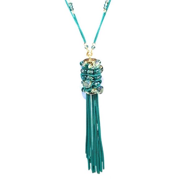Green Chainlink Necklace With Boho Jewel Tassel Pendant Extra Long Gold Accents - Picture 2 of 8